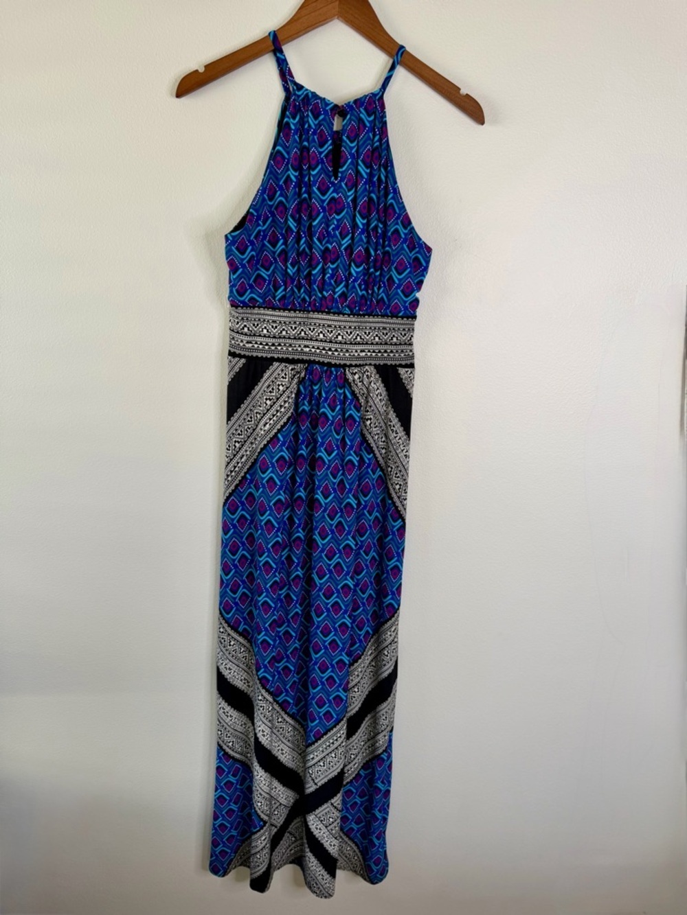 London Times Blue Geometric Halter Maxi Dress Size 4 Boho Resort Vacation Style‎ - Picture 4 of 7